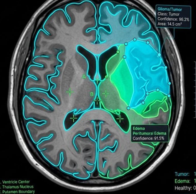 Illustrative MRI annotation interface concept supplied as a visual reference; not a clinical scan or validated system output